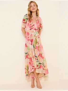 Hutch Bethany Petite Wrap Midi Dress in Taupe Tropical Floral Size SP $268